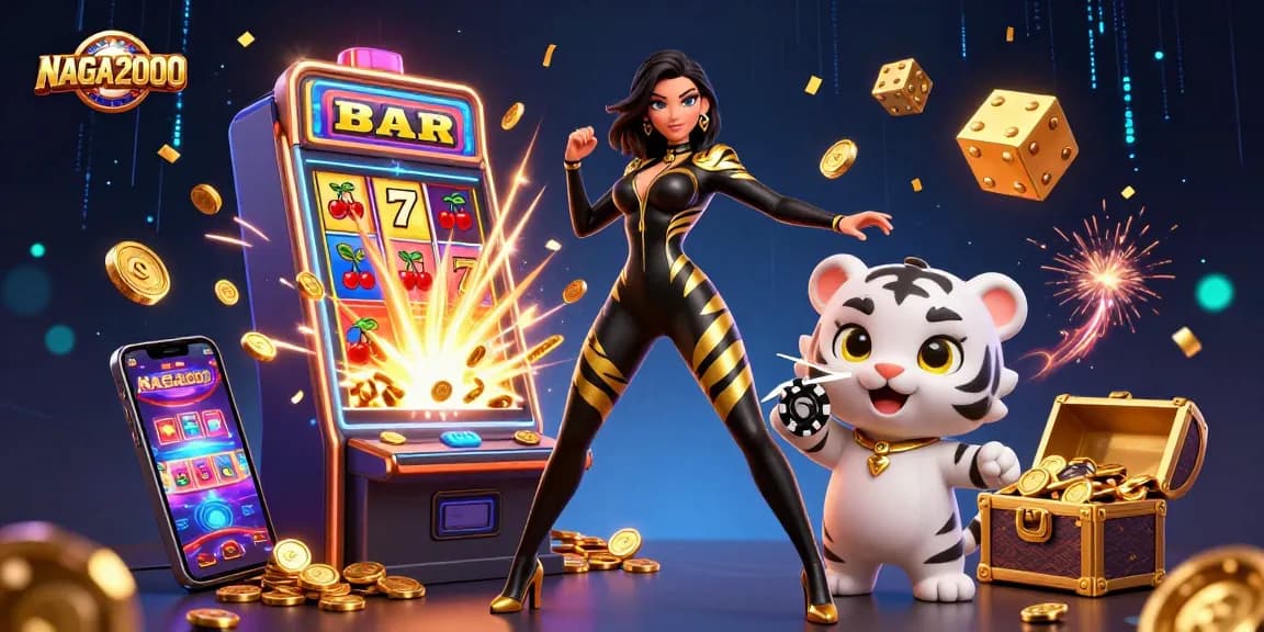 NAGA2000 meluncurkan jackpot menarik dengan mesin slot yang penuh warna dan harimau yang playful.