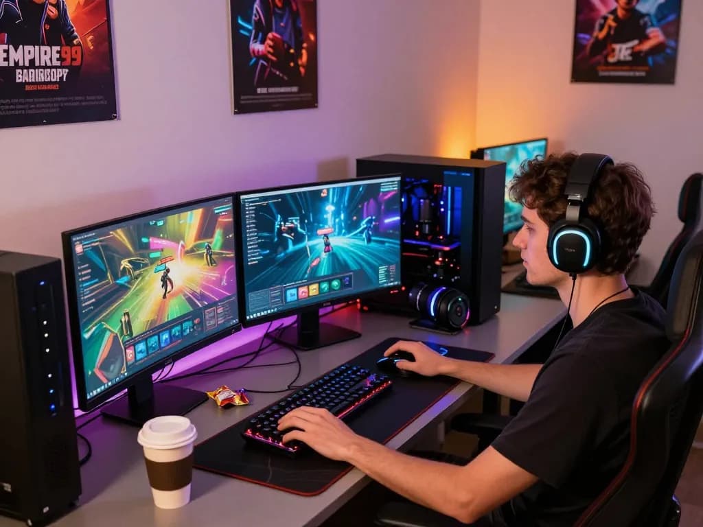 Installing Empire99 gaming platform in a vibrant, modern workspace with gaming gear and graphics.