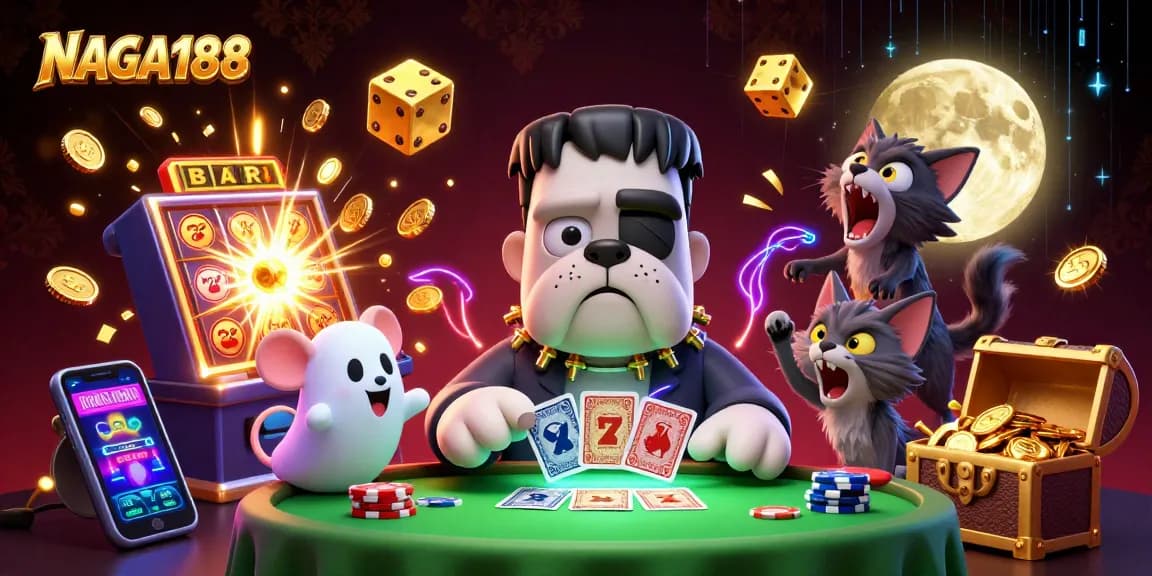 Permainan kartu menarik di NAGA188 dengan Frankenstein bulldog dan simbol jackpot berserakan.