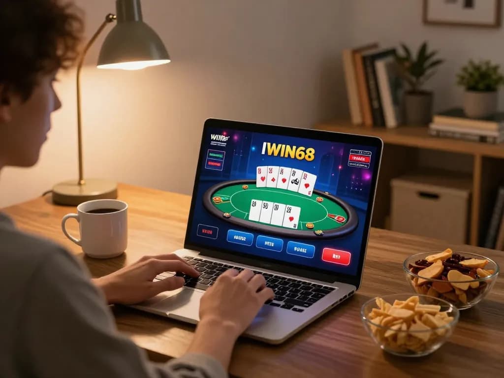IWIN68 player engaging in online casino gaming, cozy home setup with laptop and snacks