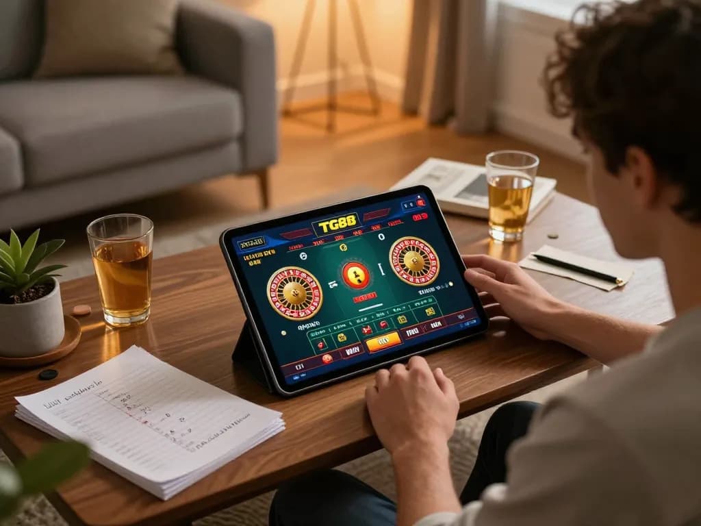 Engaging in betting on TG88 through a tablet, showcasing vibrant live casino games in a cozy atmosphere.