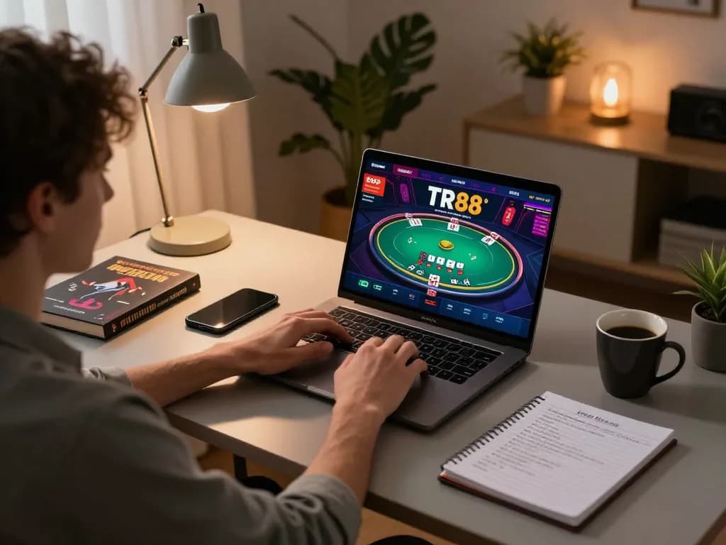 Engaging online poker gameplay at TR88, showcasing a player managing their strategy on a laptop.