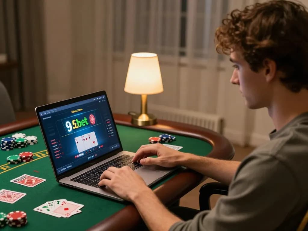 Player engaged in online blackjack on 9bet with strategic focus and cozy atmosphere.