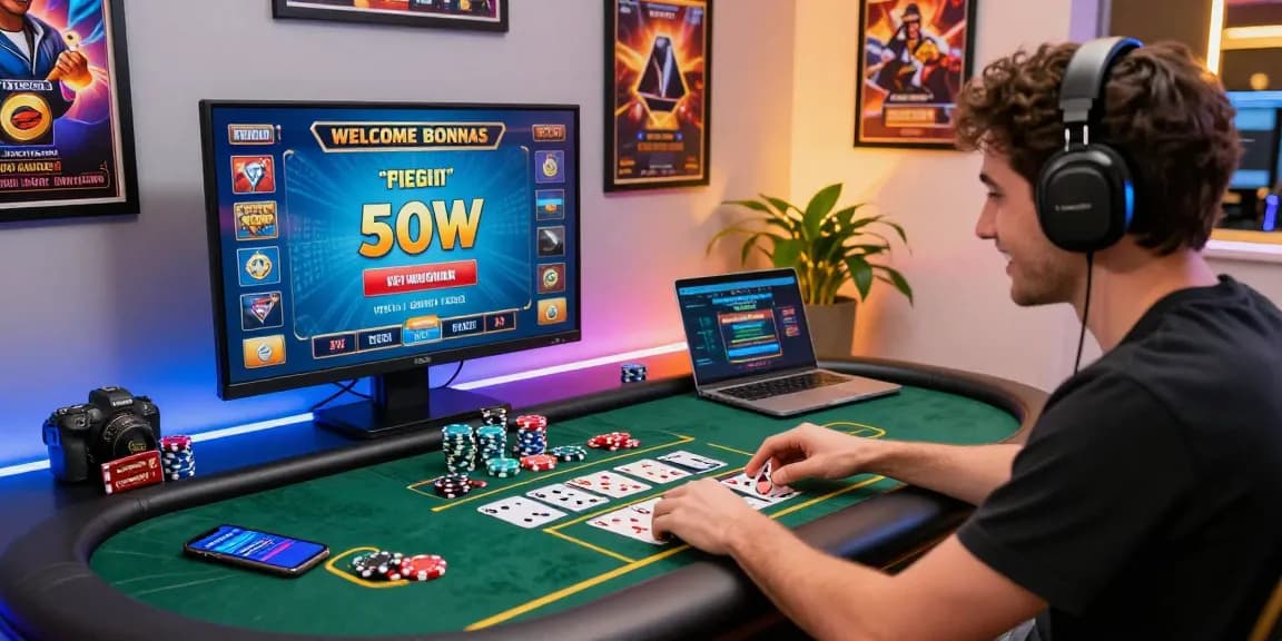 Engaging atmosphere of credit card casinos featuring an excited player at a gaming desk with casino paraphernalia.
