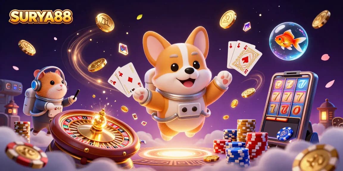 SURYA88 brings luck in a vibrant casino scene with floating poker chips and a cosmic theme.