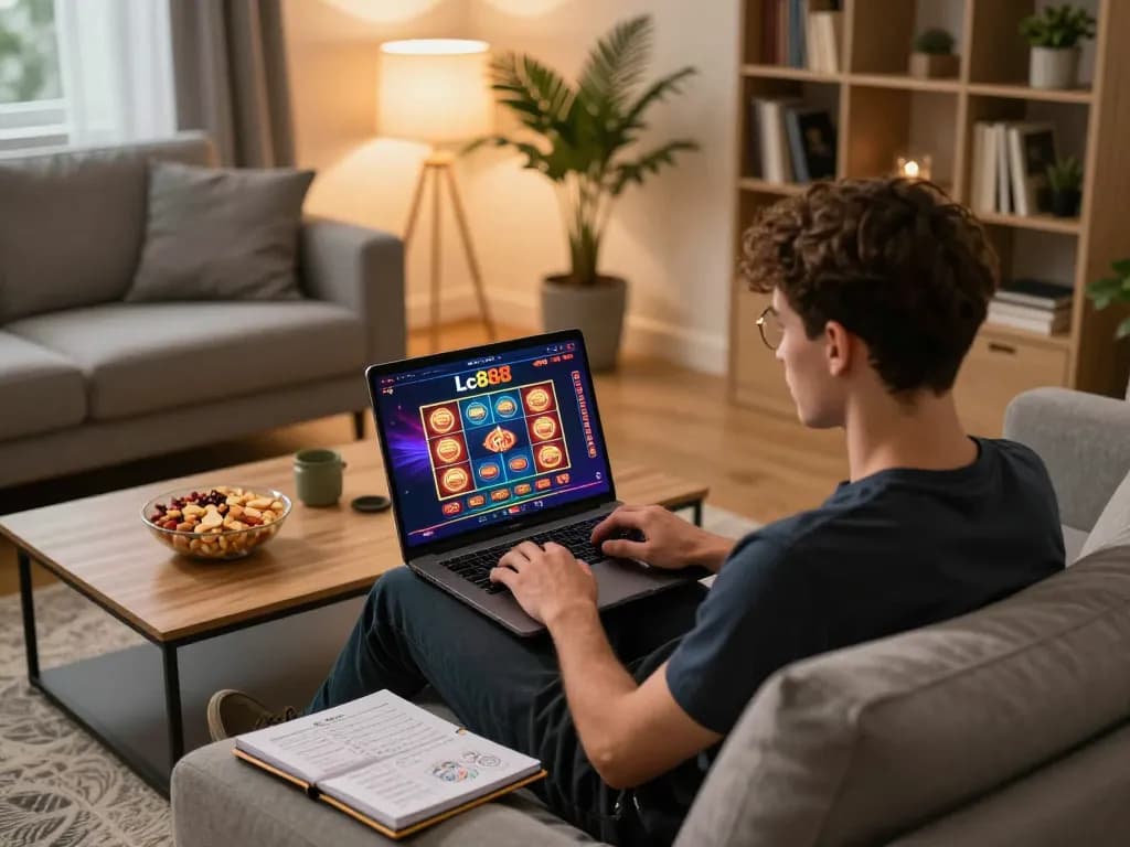 Player engaging with Lc888 online casino game on laptop, cozy home setting.