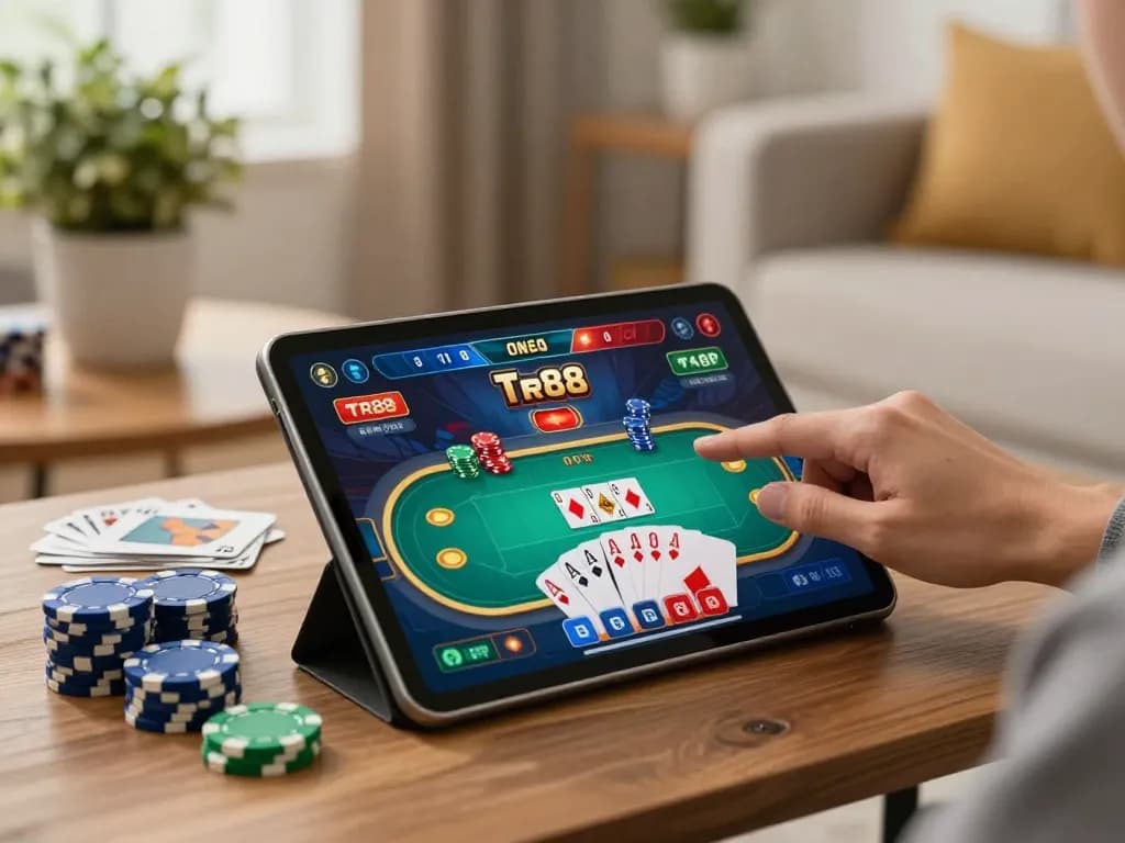 Engaging home gaming setup showcasing Tr88 chính thức poker action on a tablet, cozy atmosphere with warm lighting.