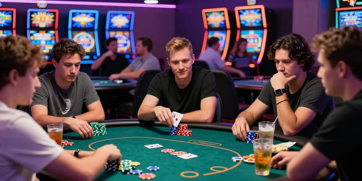 Poker88 permainan kartu yang seru di kasino dengan pemain terlibat dan suasana meriah.