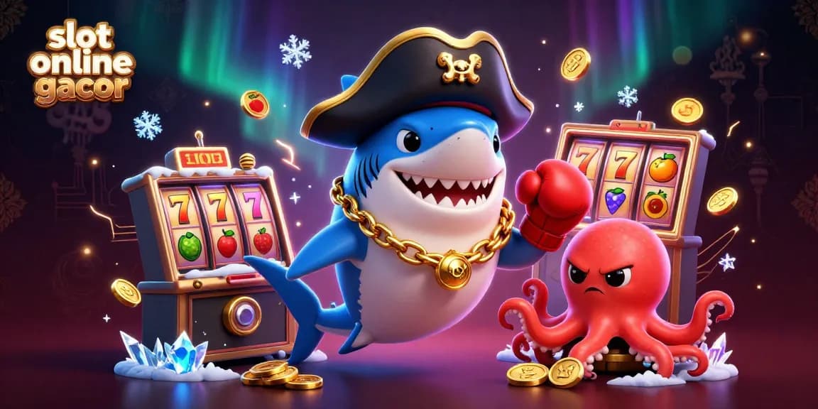 Taruhan slot online gacor dengan karakter lucu, simbol mesin slot, dan elemen cemerlang lainnya.