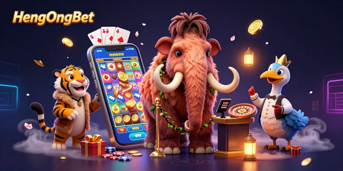 Engage with HengOngBet at a vibrant casino scene featuring a mammoth bouncer, tiger VIP, and dodo doorman.