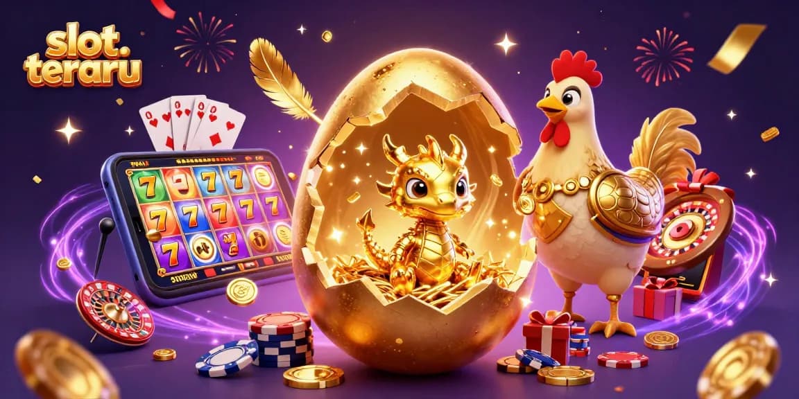 Experience the excitement of slot terbaru with vibrant games and golden rewards in this dazzling illustration.