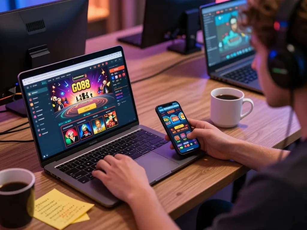 Engaged player using GO88 app on a laptop for an exciting online gambling experience.