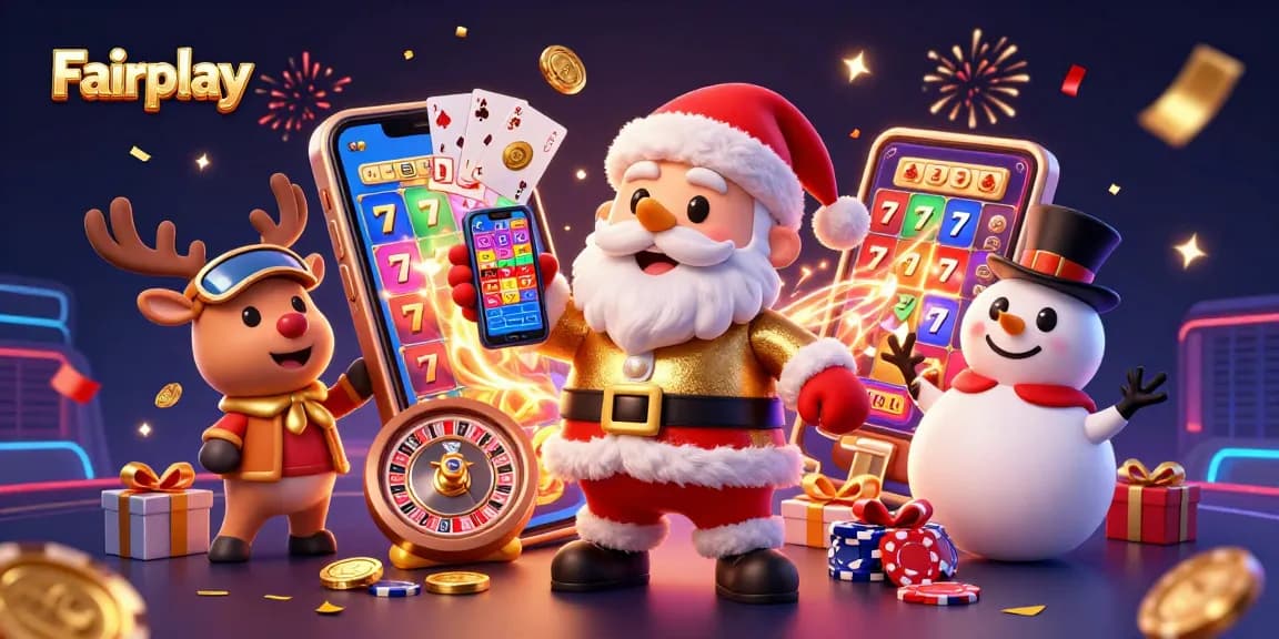 Engage with Fairplay's festive casino experience, featuring Santa, reindeer, and a snowman amid vibrant slot games.