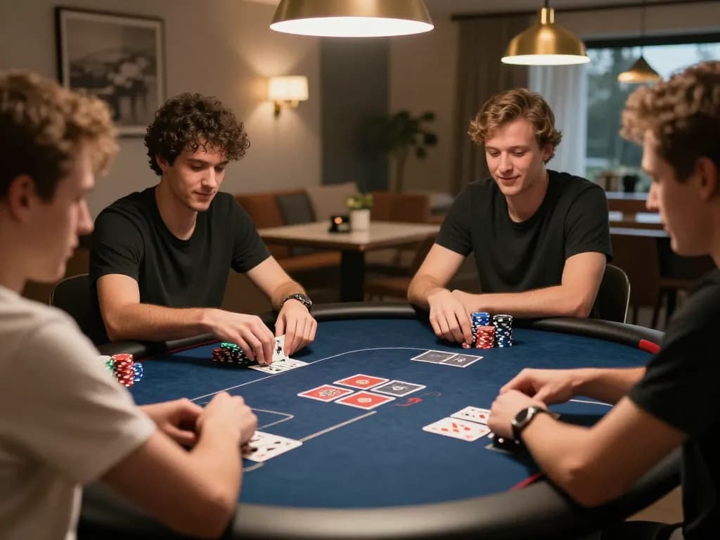 Players engaged in a thrilling poker game at home, showcasing strategic gameplay and excitement, Tr888 atmosphere highlighted.
