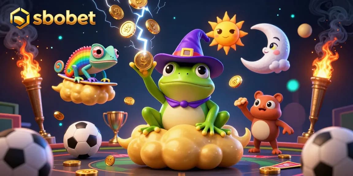 SBOBET players enjoy thrilling sports betting with an energetic 3D scene featuring a wizard frog and colorful characters.