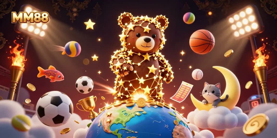 Immerse in MM88's vibrant online betting scene with dazzling sports elements and a charming cartoon constellation.