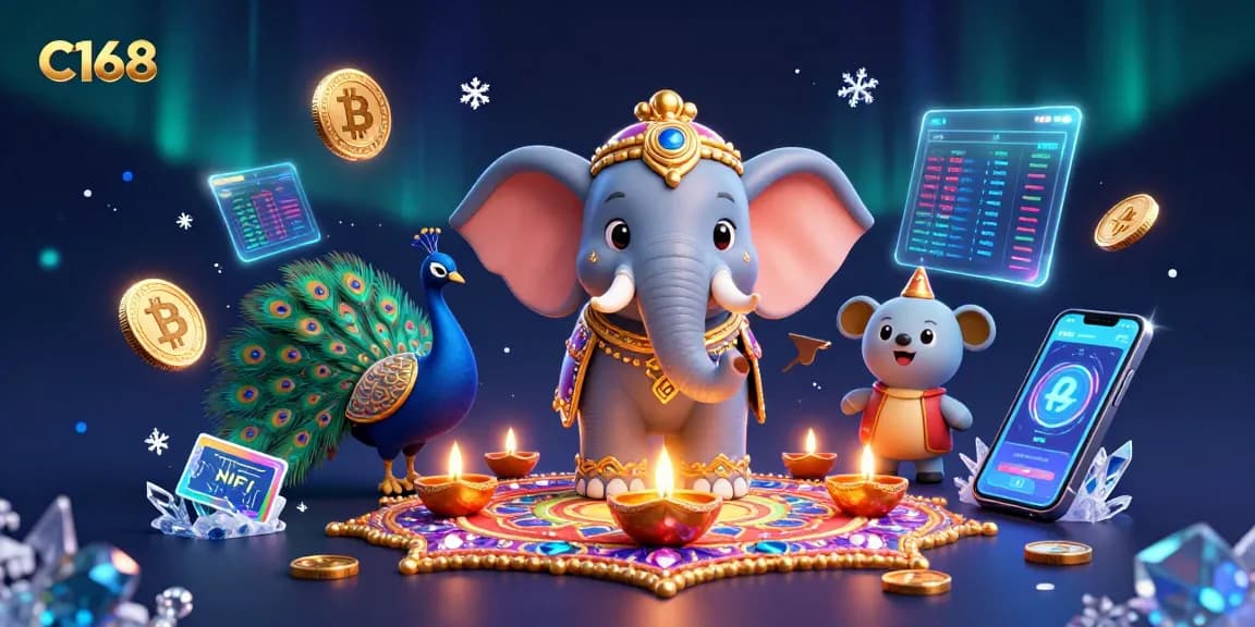 C168 players enjoying a vibrant casino scene with 3D themed characters and cryptocurrency elements.