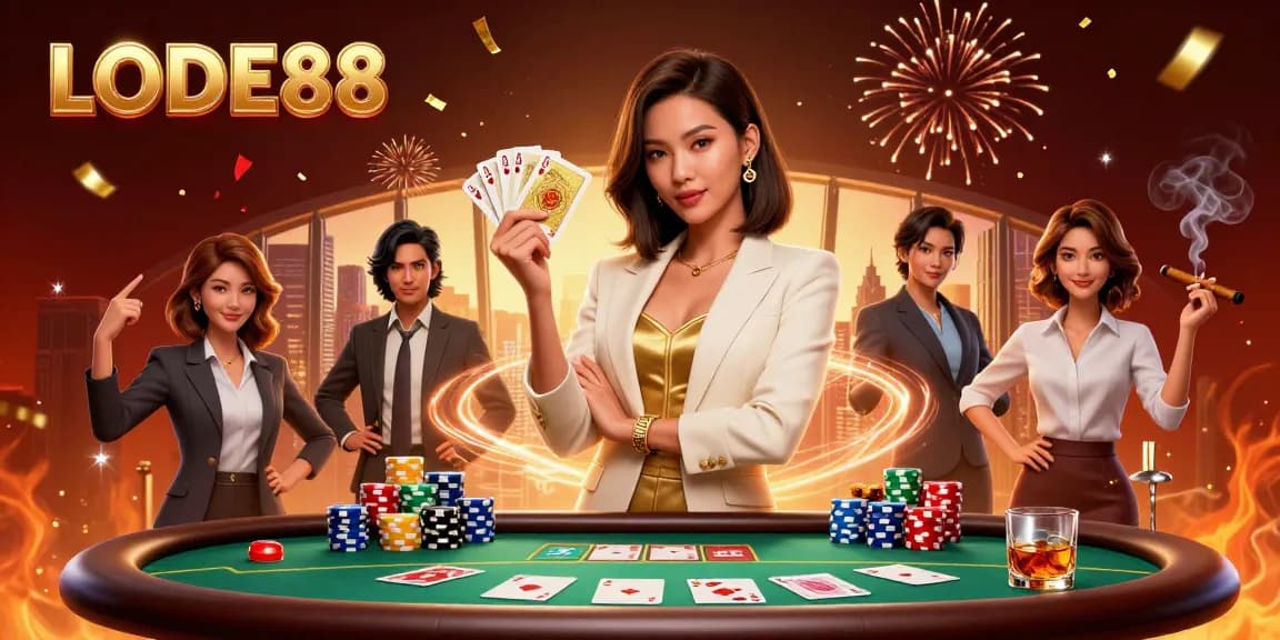 Play cards confidently at LODE88 with a glamorous businesswoman in a vibrant casino setting.