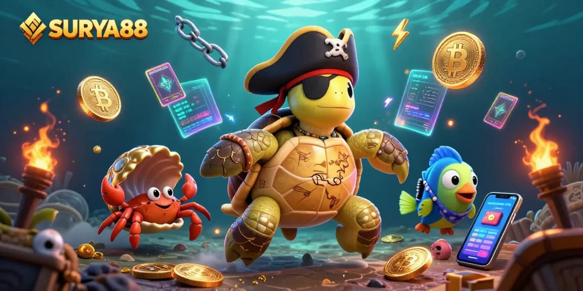 Engage with SURYA88's lively underwater casino scene featuring animated treasure and crypto elements.