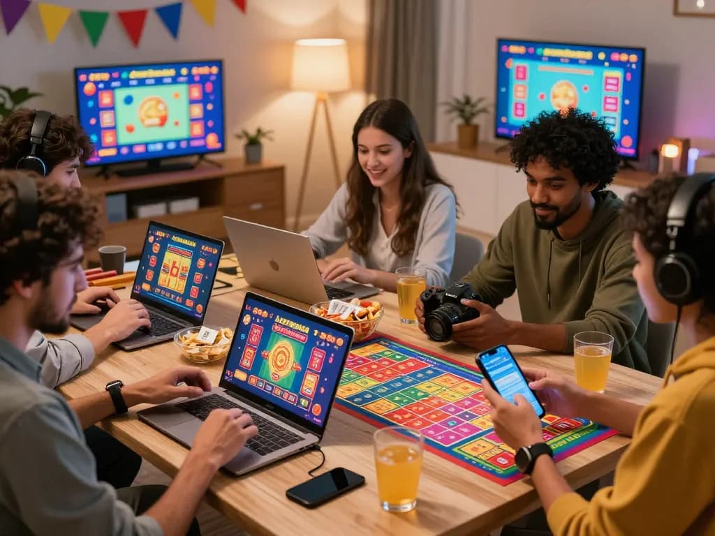 Exciting scene of friends enjoying JeetBangla lottery games with colorful tickets and live draws.