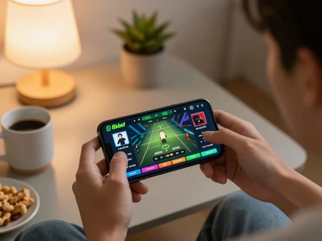 Engaging gameplay on 8xbet app, immersing in sports betting in a cozy home setup.