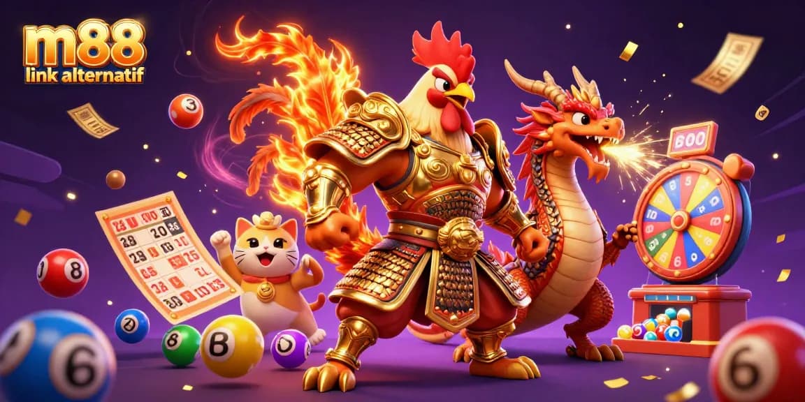 Bets successfully placed with m88 link alternatif as the fighting rooster warrior triumphs in a vibrant casino scene.