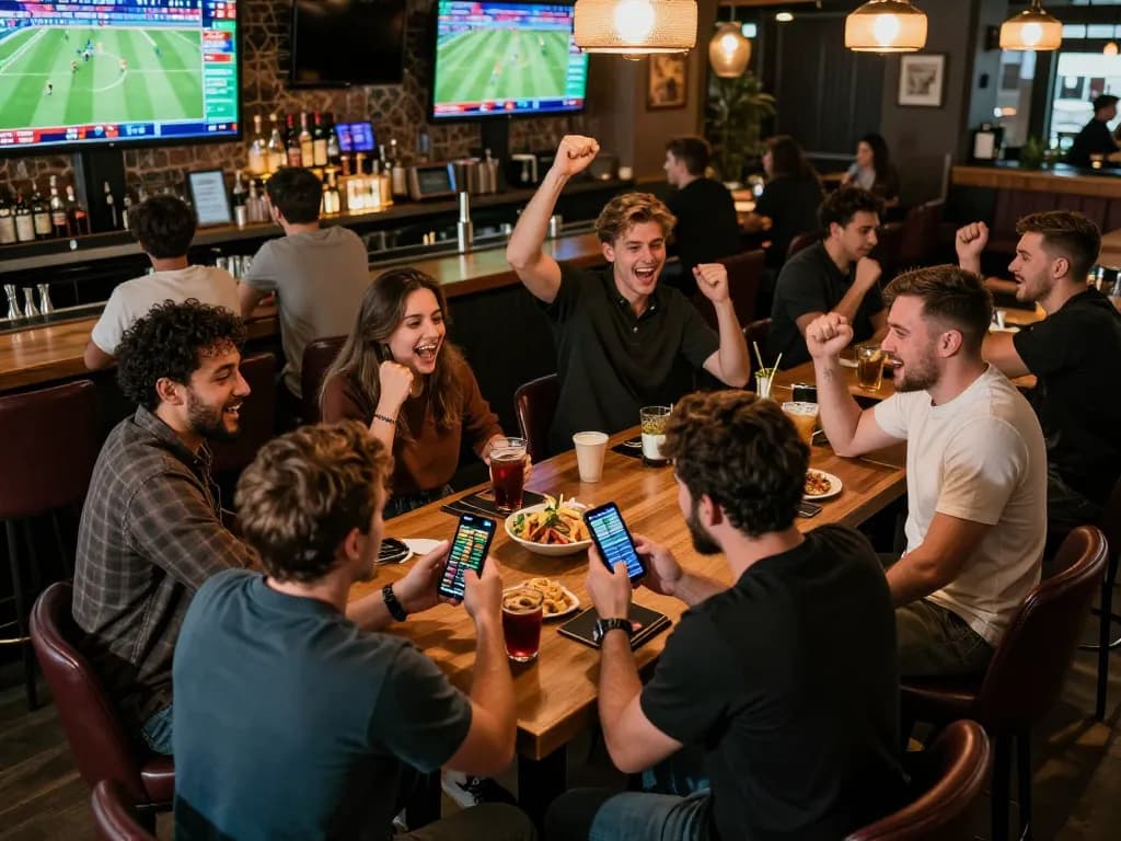 Fans engaging in sports betting at 888NEW, excitedly checking odds on smartphones