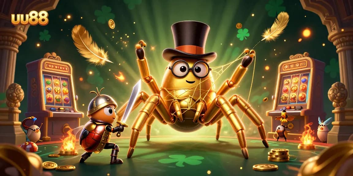 Spin the winning reels with uu88 in this vibrant, dynamic casino illustration featuring unique characters.