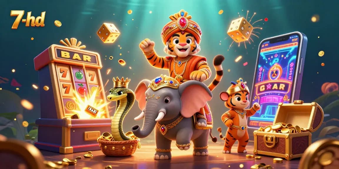 Engaging scene depicting 7-hd tiger and elephant celebrating a jackpot win with vibrant casino elements.