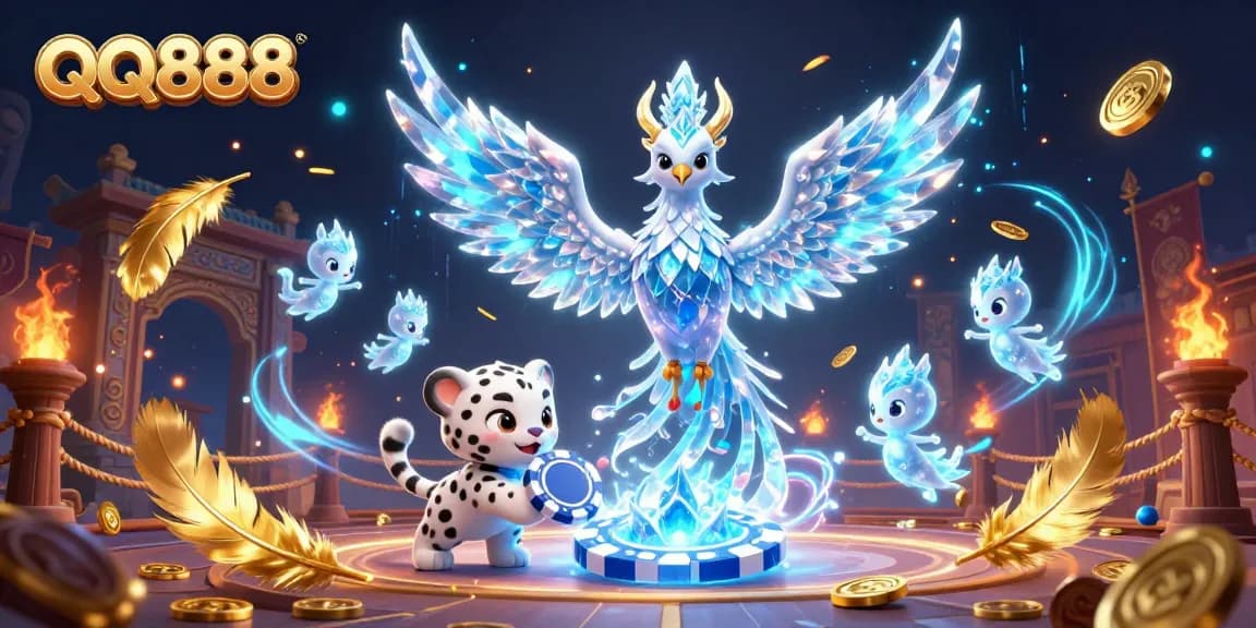 Explore exciting features of QQ888 with a phoenix and snow leopard in a captivating casino environment.