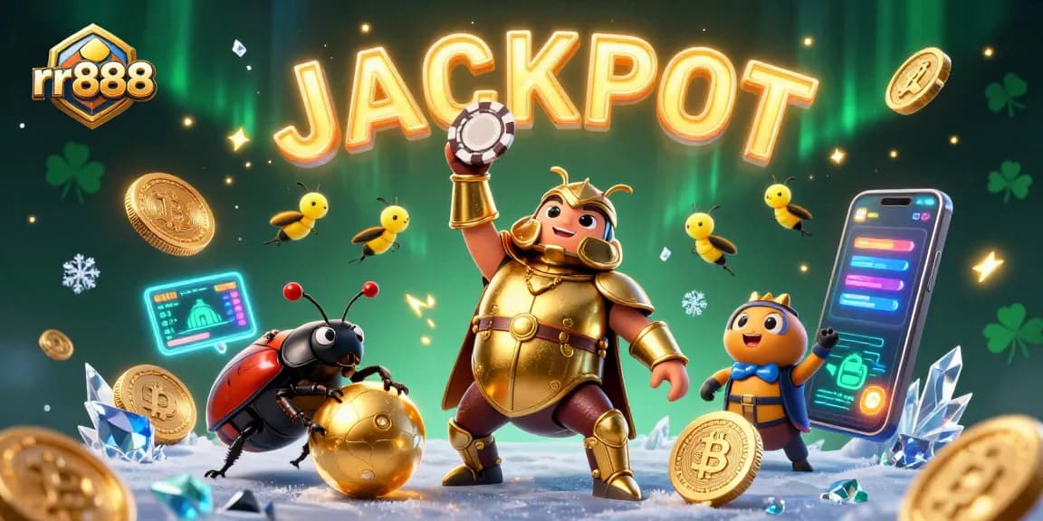 Win big at rr888 with a dynamic casino scene featuring victorious cartoon characters and crypto elements.