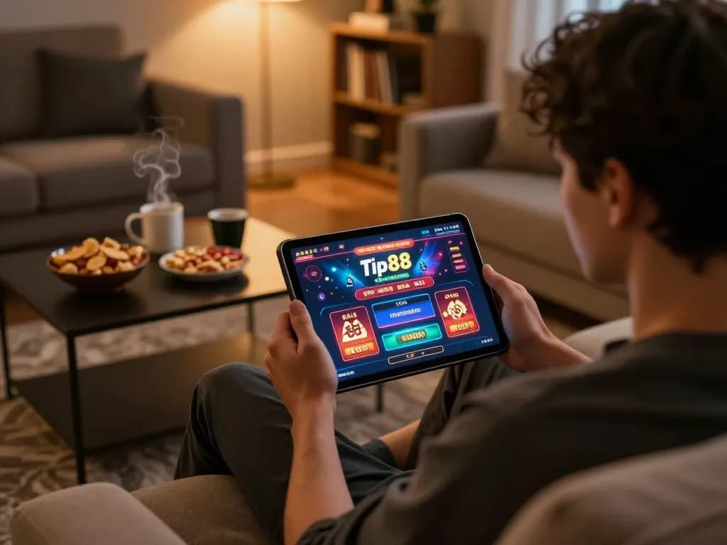 Engaged player enjoying tip88 online casino gaming on a tablet at home, showcasing immersive gameplay experience.