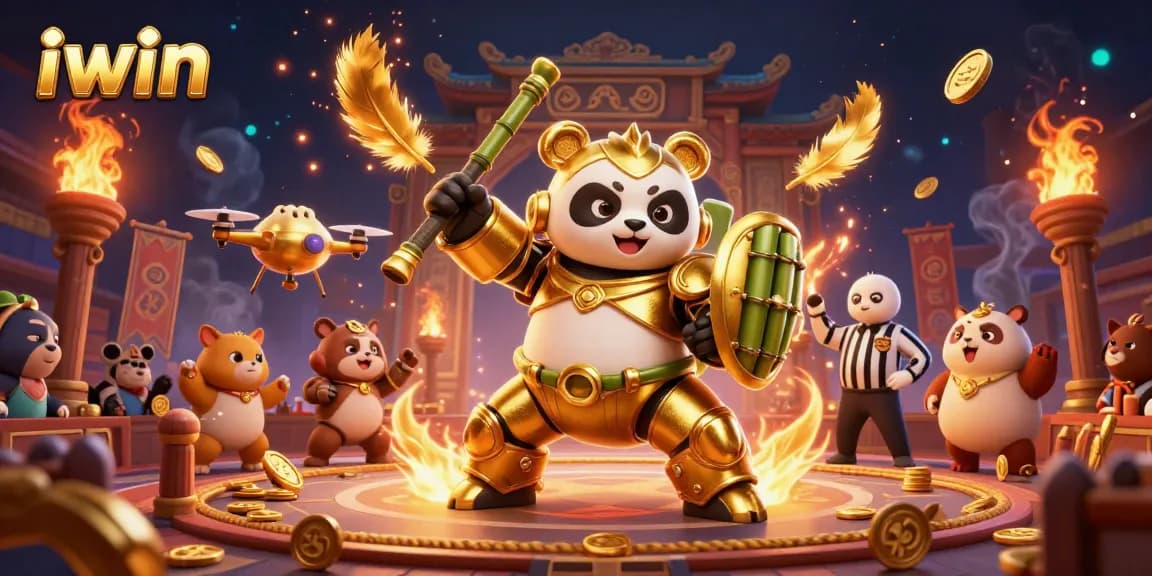 Experience the thrill of iwin in a vibrant casino arena featuring a golden panda battling in style.