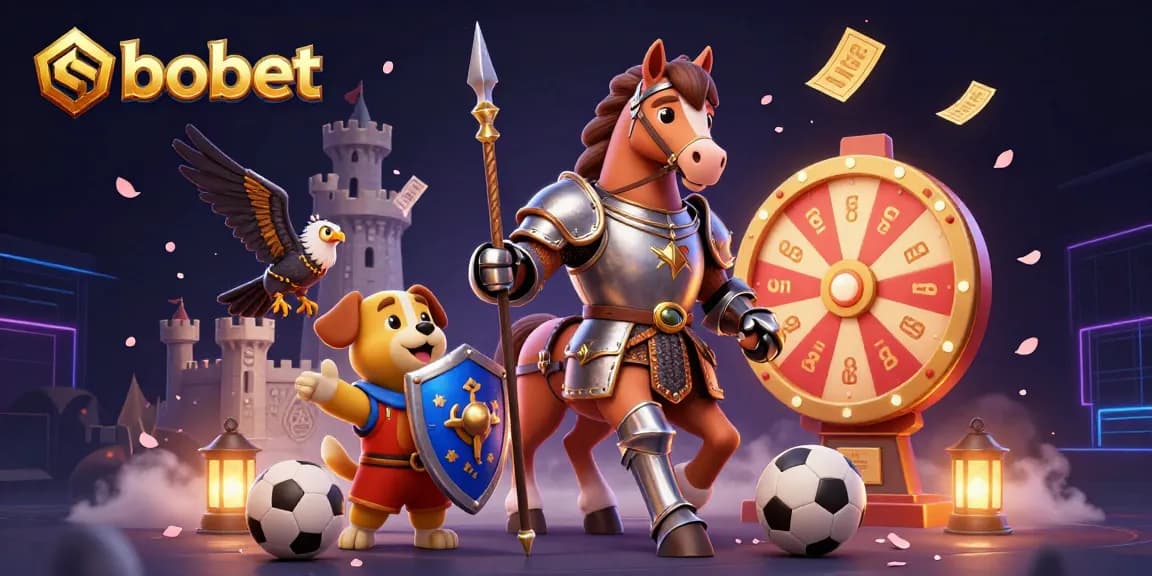 SboBet's thrilling sports betting experience illustrated with a medieval knight, a squire puppy, and a falcon among dynamic gaming elements.