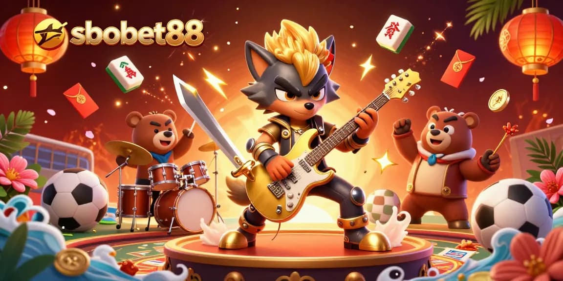 SboBet88 offers sports betting excitement with a dynamic illustration of a rock star wolf shredding a golden guitar.