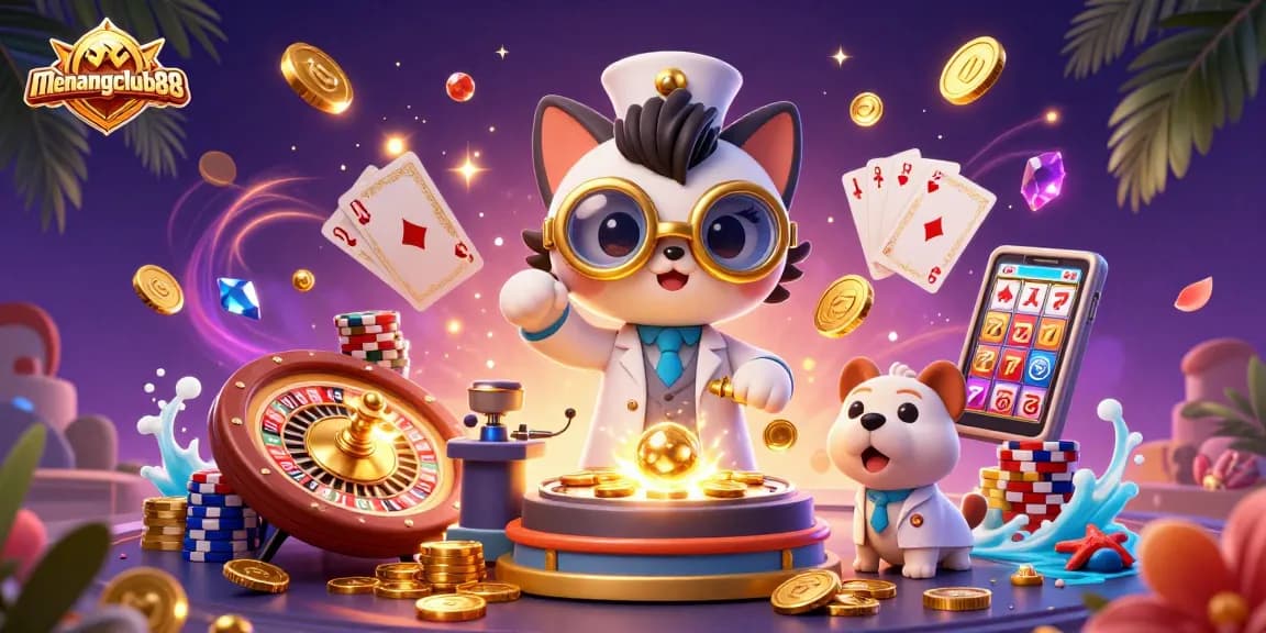 Experience thrilling wins at menangclub88 with a whimsical cat scientist and playful dog in a vibrant casino scene.