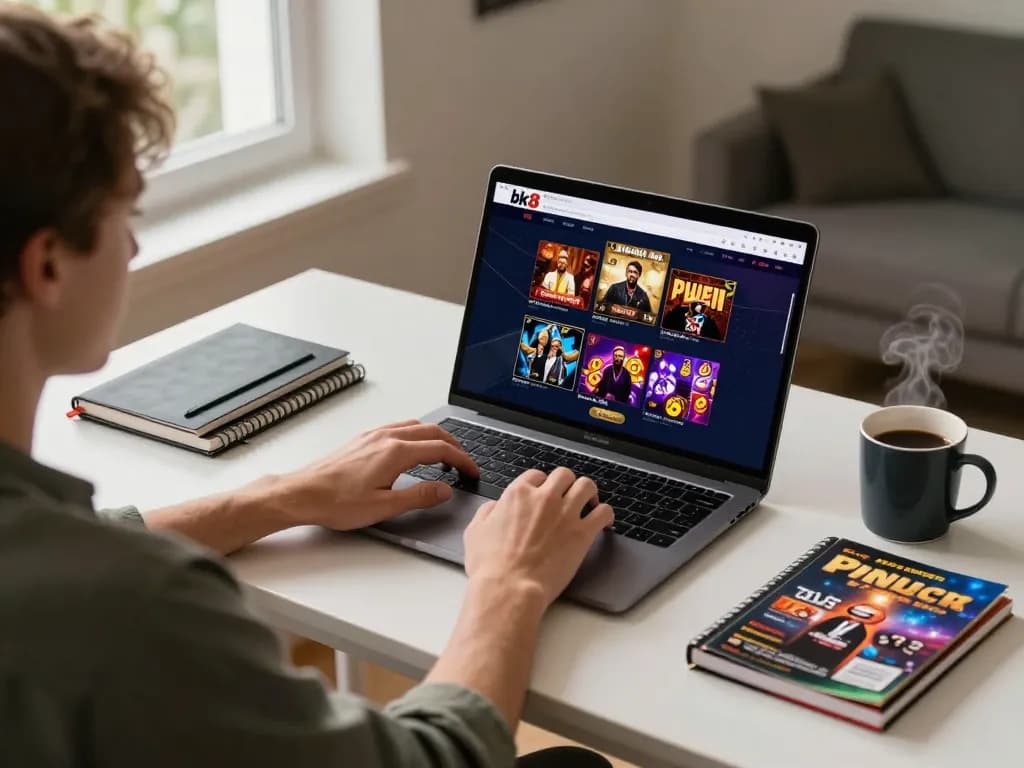 Engaging player using the bk8 casino interface on a laptop at home with strategy notes and coffee, creating a cozy gaming atmosphere.