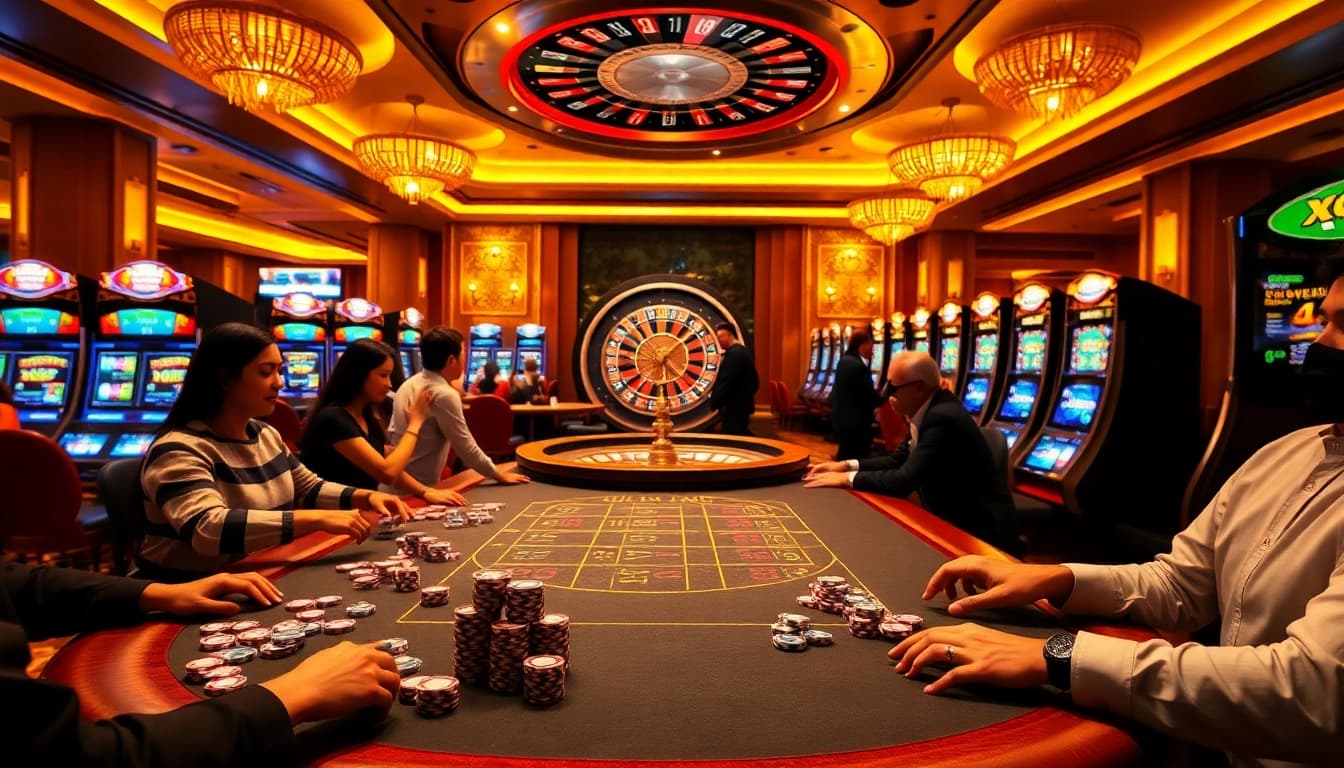 x88 casino players enjoying thrilling action at a luxurious gaming table with vibrant colors