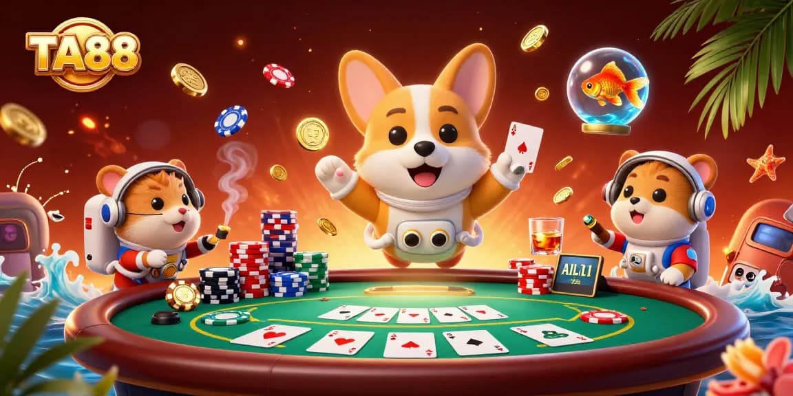 Experience TA88 action in a vibrant space casino with poker chips and floating characters.