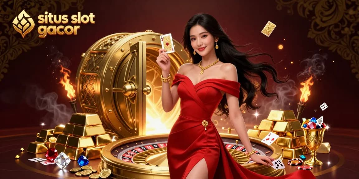 Experience the thrill at situs slot gacor with a stunning Asian woman celebrating wins beside a golden roulette wheel.