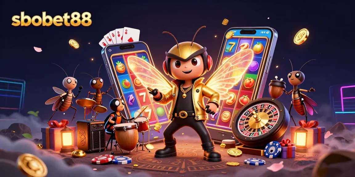 sbobet88 unlocks excitement with a vibrant 3D illustration featuring a rock star cicada, dynamic slot game, and festive casino elements.