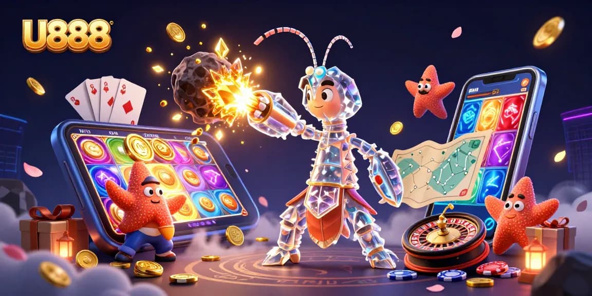 U888 casino illustration showcasing a galactic samurai mantis shrimp amidst golden coins and vibrant slot game elements