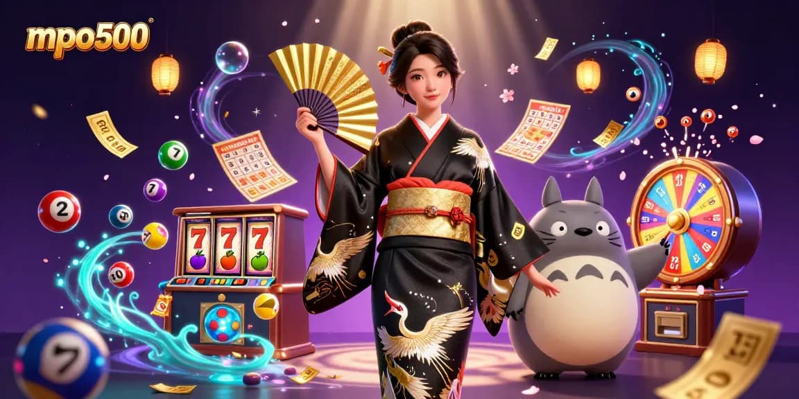 Experience excitement with mpo500 as vibrant lottery balls and slot game symbols soar in a dynamic casino scene.