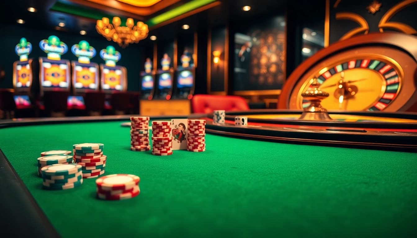 Togel China gaming table with colorful chips and cards in a luxury casino setting.