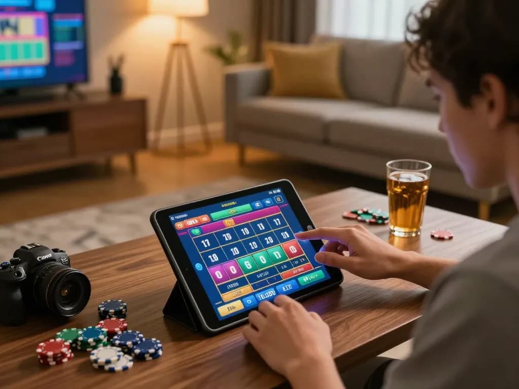 Pemain menikmati permainan toto togel yang mendebarkan di tablet yang ramping di lingkungan rumah yang nyaman.