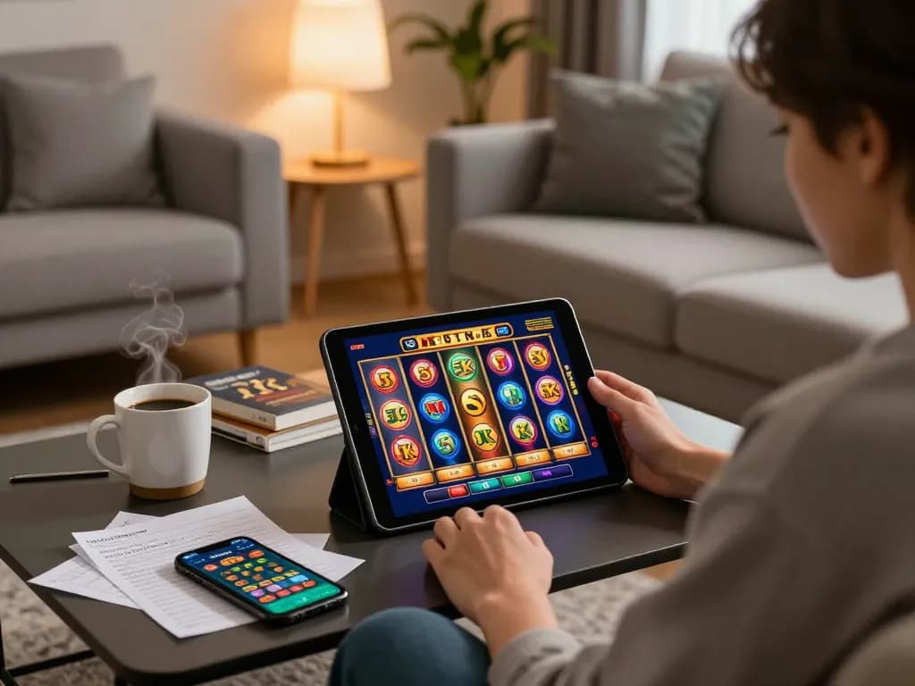 Engaging with slot 5k games using a tablet in a cozy home setting, showcasing bankroll management.