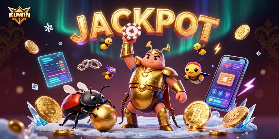 Spin to win with KUWIN, featuring a dynamic scene of victory and excitement in a vibrant casino illustration.