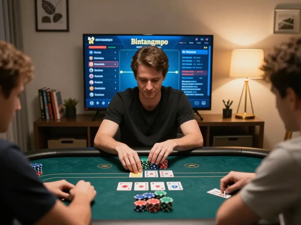 Pemain poker online Bintangmpo fokus pada strategi permainan selama sesi intens di rumah.
