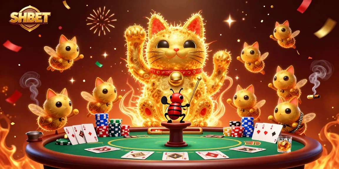 SHBET illustration showing golden fireflies and poker elements creating a lucky cat symbol for casino excitement.