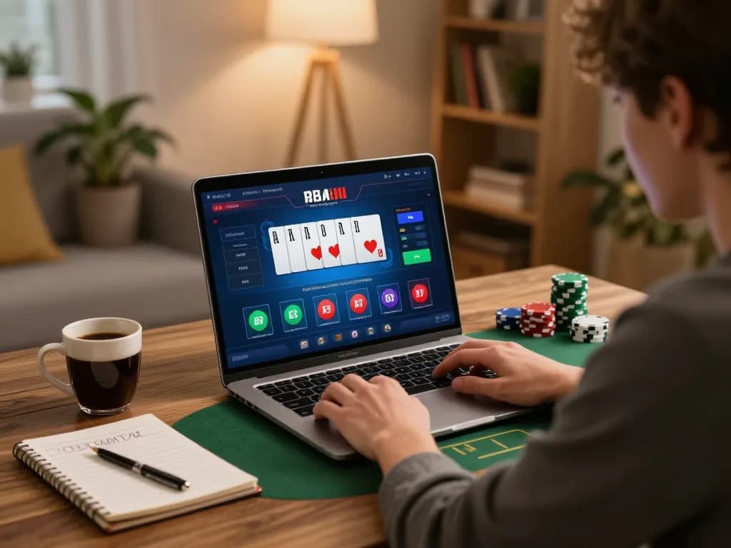 open88 player enjoying a thrilling poker game on laptop, surrounded by strategy notes.